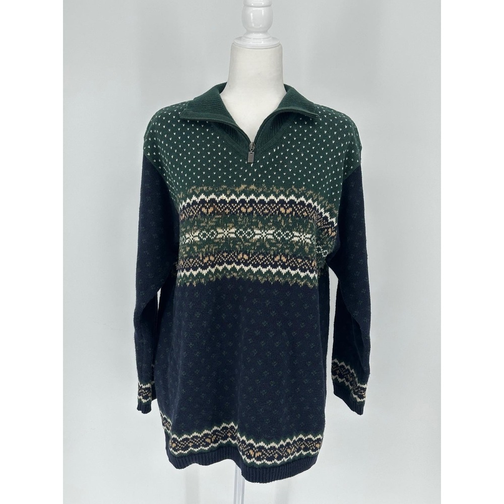Vtg Liz Claiborne Women's Green Fair Isle Quarter Zip Pullover Sweater M‎ read